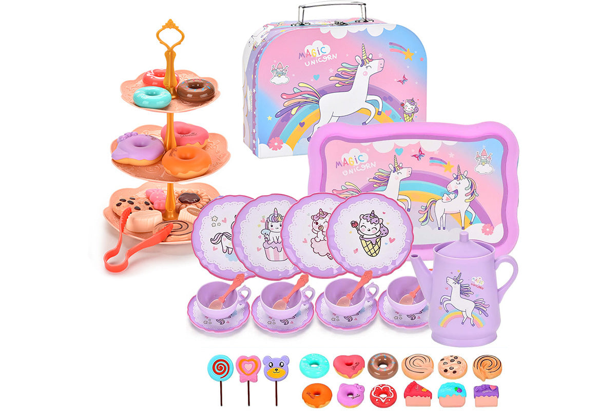 Pretend Play Tea Party Set with Dessert and Carrying Case for Role Play