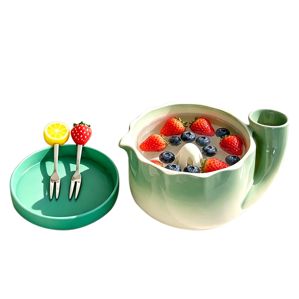 Self-Spinning Ceramic Berry Washing Bowl Set with Drain Holes and 2 Fruit Forks for Cleaning Berries
