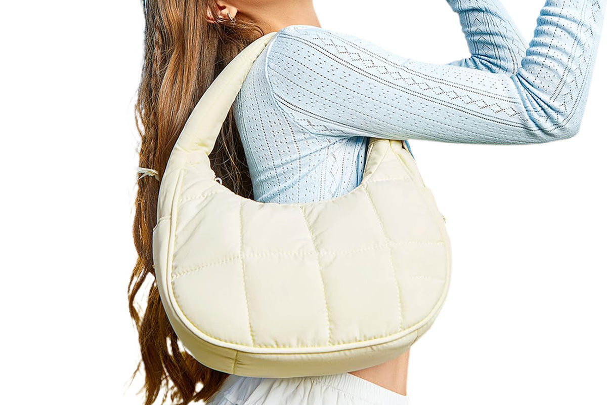 Small Puffer Crescent Shoulder Bag for Women Nylon Quilted Handbag with Adjustable Strap