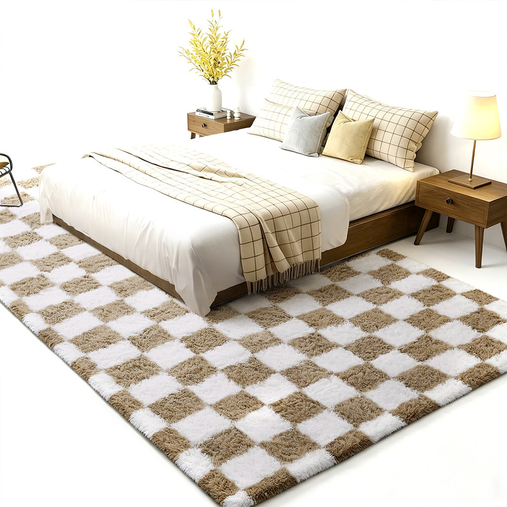 Soft Plush Shaggy Rug Checkered Thickened Non Slip Carpet for Living Room Bedroom
