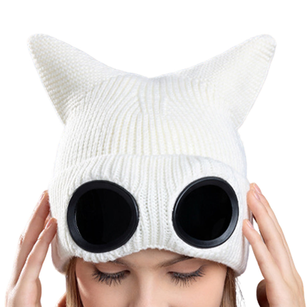 Double Layer Knit Winter Beanie with Goggles Cute Cat Ear Knit Beanie for Winter