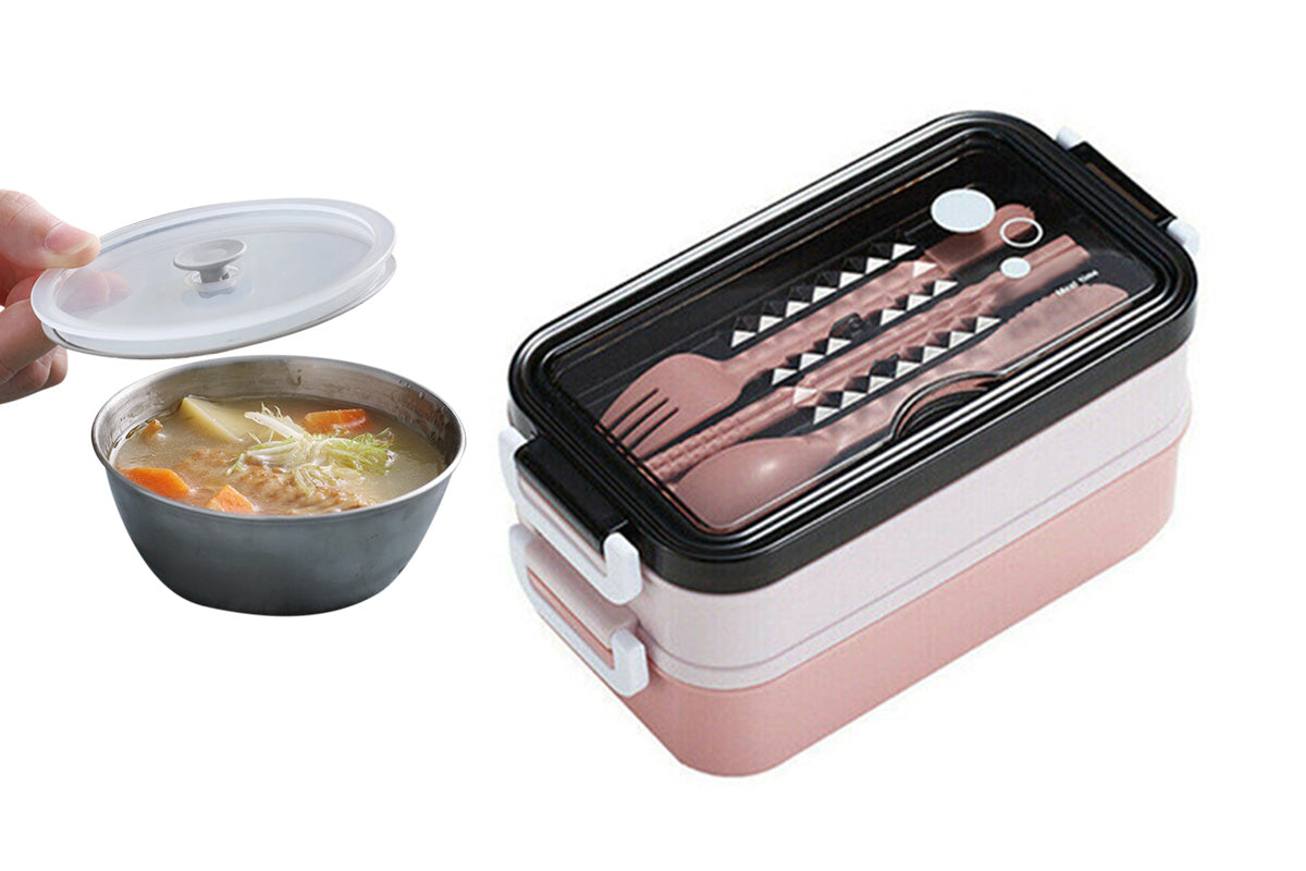 Bento Box Stackable 3-Compartment Lunch Containers With Dinnerware And Seal Cover