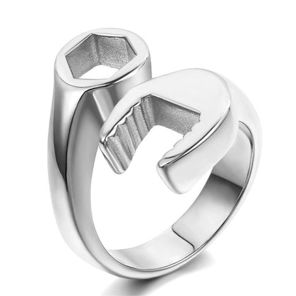 Stainless Steel Wrench Shaped Industrial Punk Ring for Men and Women-Silver