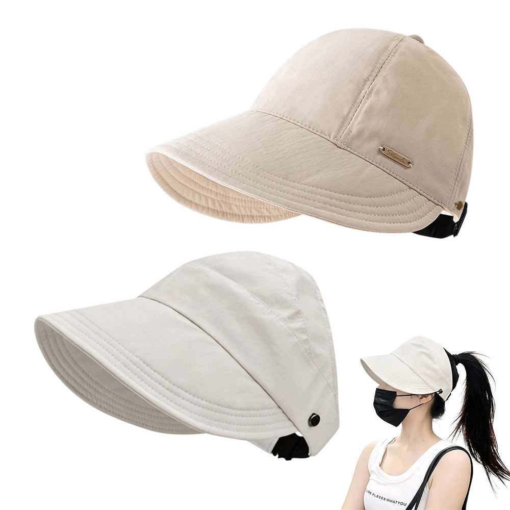 2 PCS Wide Brim Quick Dry Foldable Sun Hat with Ponytail Opening and Hook