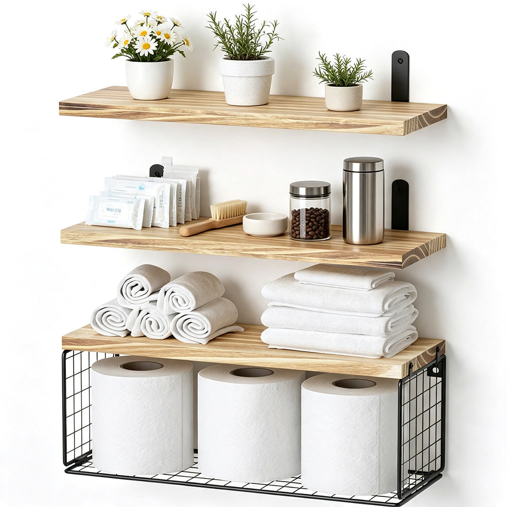 3 Piece Engineered Wood Wall Shelves with Metal Storage Basket