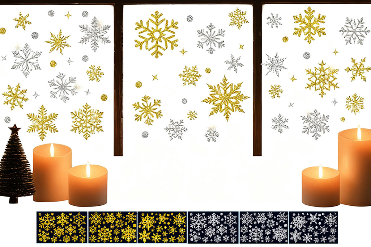 Christmas Window Clings Snowflakes Static Stickers Gold Silver for Holiday Decorations