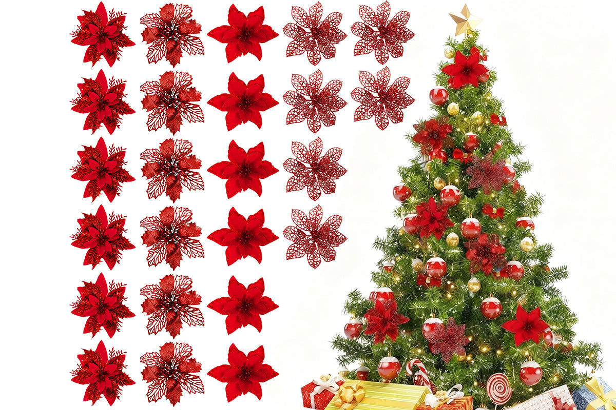 24Pcs Artificial Flowers Christmas Tree Decorations for Wreath Fireplace Stairs
