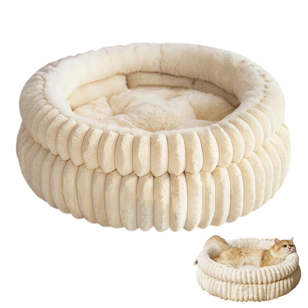 Donut Plush Pet Dog Cat Bed Fluffy Soft Warm Nest for Indoor Cats Small Dogs-Beige