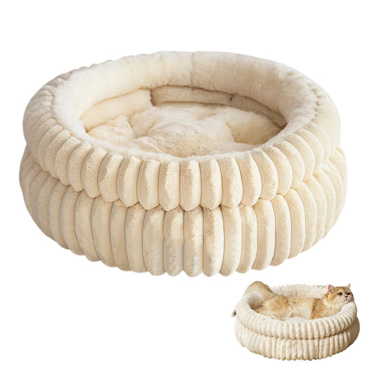 Donut Plush Pet Dog Cat Bed Fluffy Soft Warm Nest for Indoor Cats Small Dogs-Beige