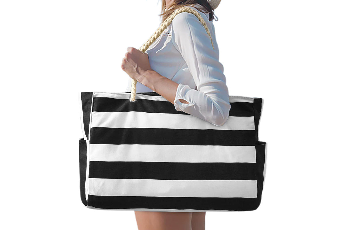 Large Zipper Beach Bags Striped Tote Bag For Travel Outdoor Vacation