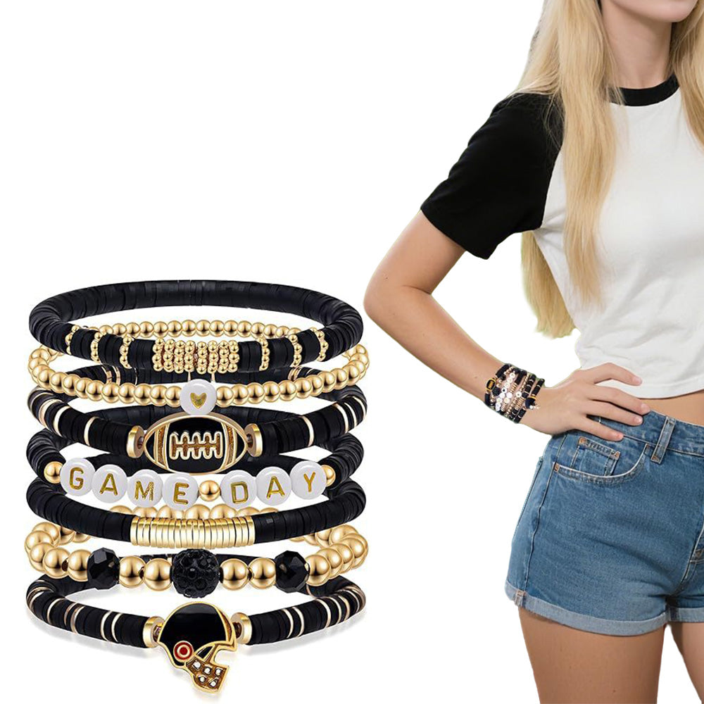 7 Piece Elastic Clay Bead Football Bracelet Stack Set