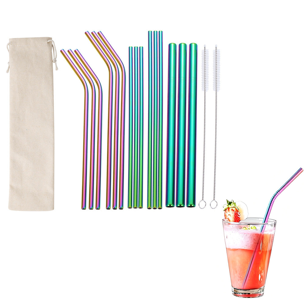 17Pcs Reusable Stainless Steel Straws Set with Cleaning Brushes and Pouch