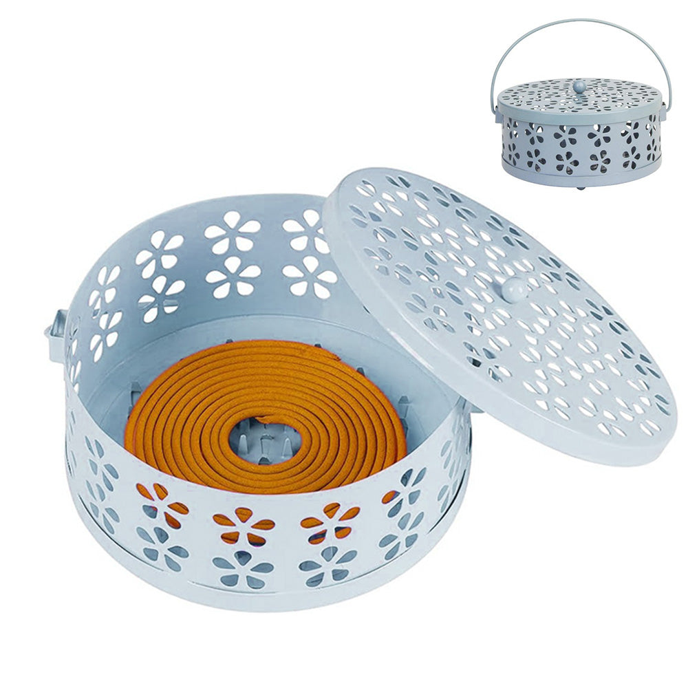 14cm Metal Mosquito Coil and Incense Holder with Lid Floral Cutout Design