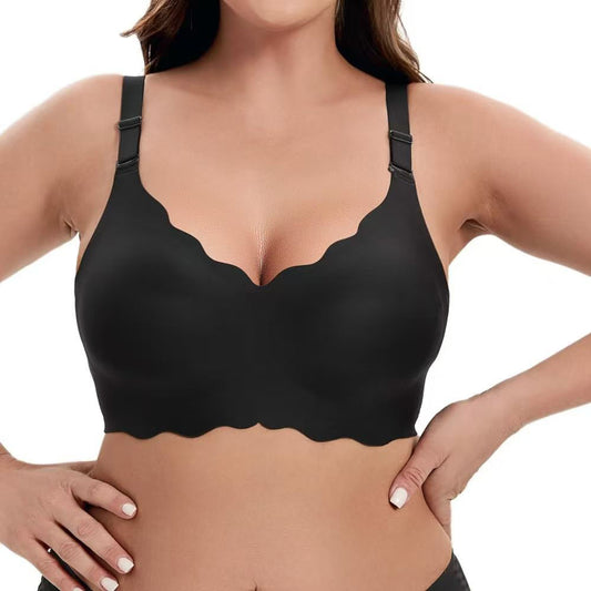 Wireless Bra Soft High Elastic V Neck Wavy Trim-Black