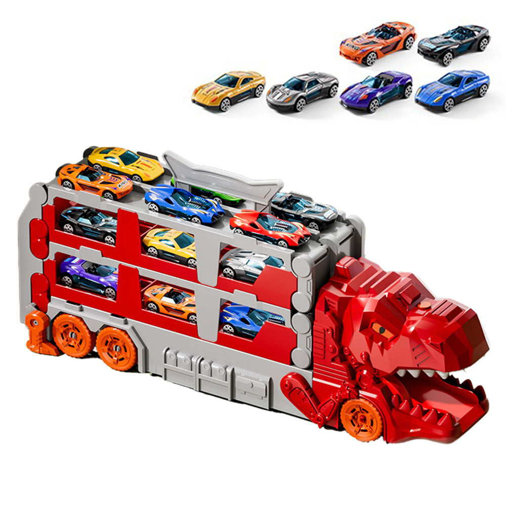 Foldable Dinosaur Truck with Dual Tracks and 6 Small Cars for Home Outdoors