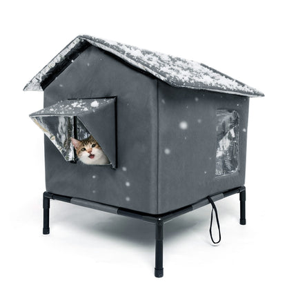 Cat House Indoor Outdoor Insulated Shelter for Small to Medium Cats-Grey