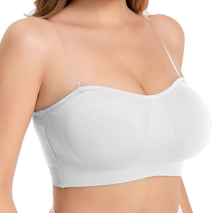 Women Strapless Wirefree Bandeau Bra with Removable Shoulder Straps-White