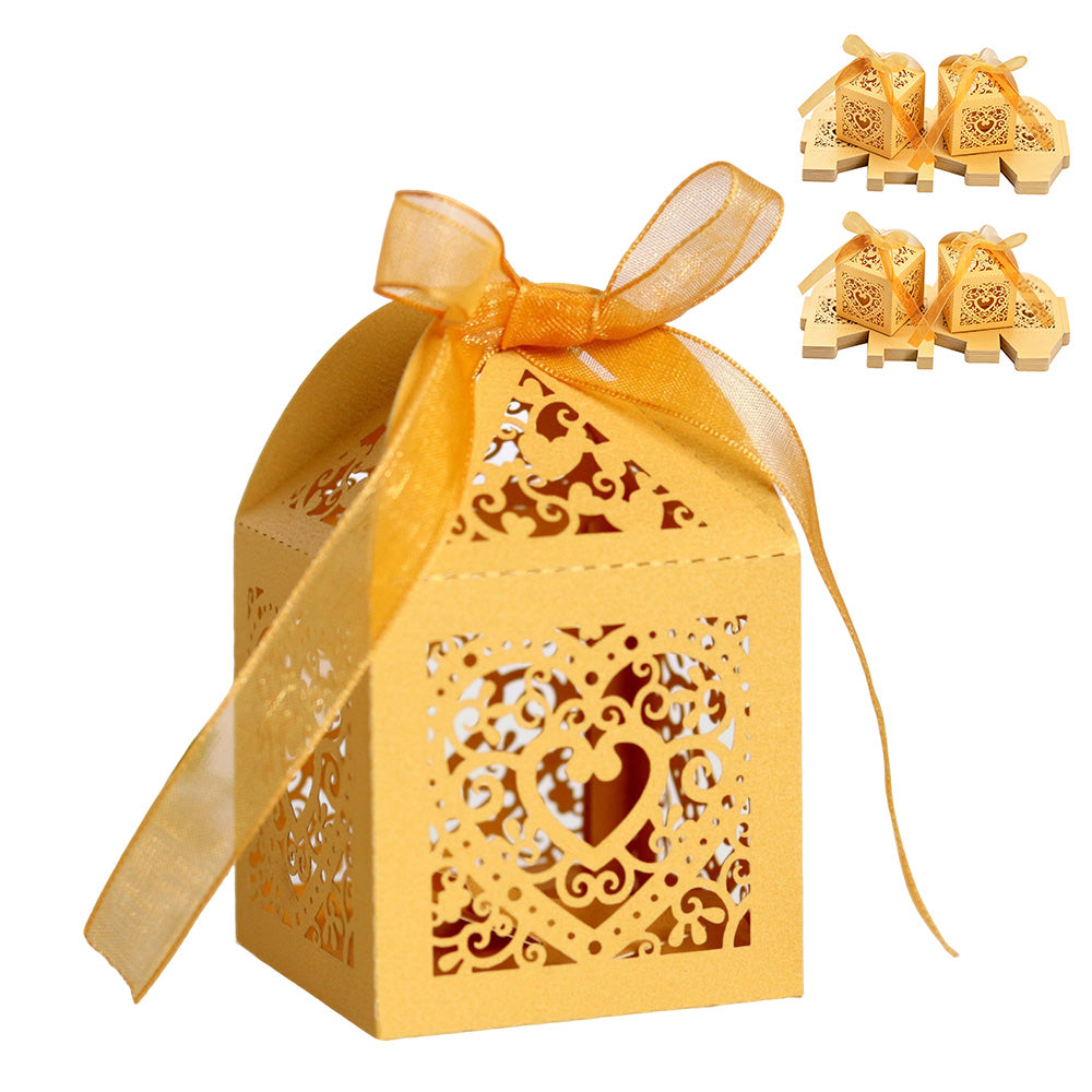 2X 50 Pack Laser Cut Pearl Paper Candy Favor Boxes with Ribbons