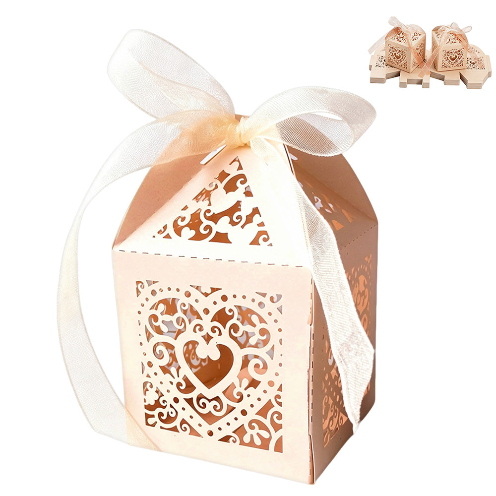 50 Pack Laser Cut Pearl Paper Candy Favor Boxes with Ribbons