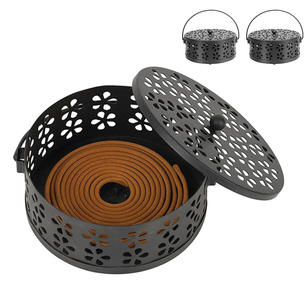 2X 14cm Metal Mosquito Coil and Incense Holder with Lid Floral Cutout Design