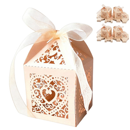2X 50 Pack Laser Cut Pearl Paper Candy Favor Boxes with Ribbons