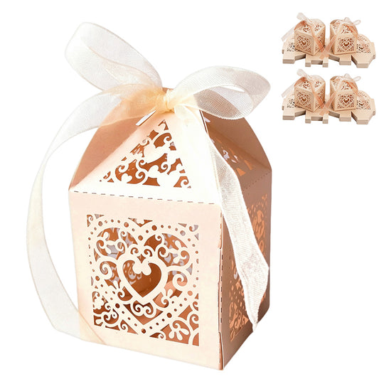 2X 50 Pack Laser Cut Pearl Paper Candy Favor Boxes with Ribbons