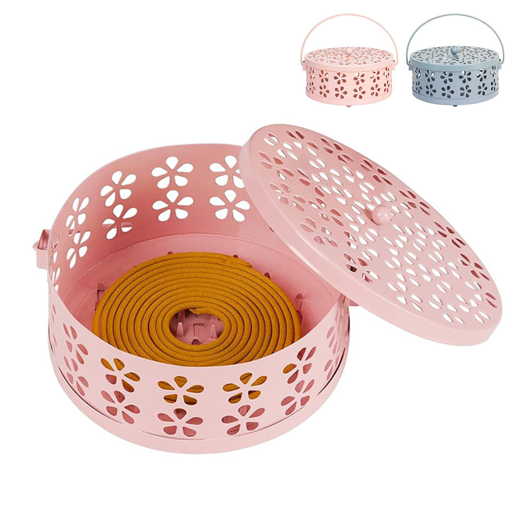2X 14cm Metal Mosquito Coil and Incense Holder with Lid Floral Cutout Design