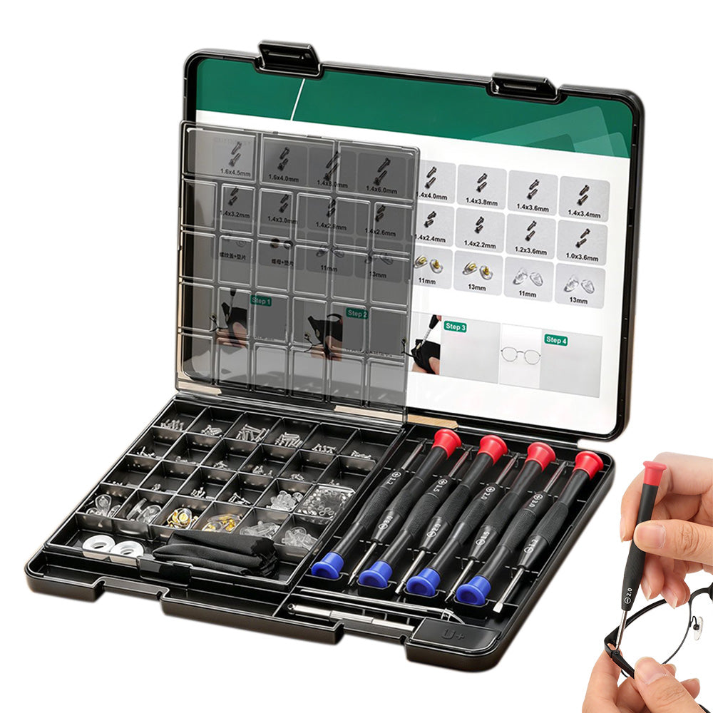 Multi Piece Eyeglass Repair Kit with Screws Nose Pads and Tools
