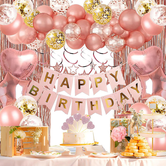 Rose Gold Happy Birthday Party Decorations Set Banner Foil Balloons Curtain Backdrop for Women Girls