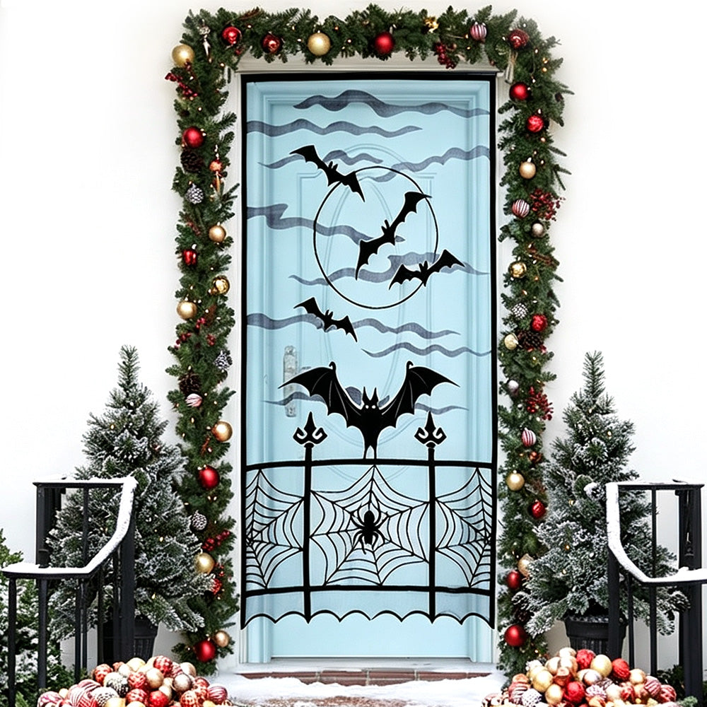 Large Halloween Door Curtain for Doors Windows Walls Bat Spider Web Door Cover for Holiday Party Decoration
