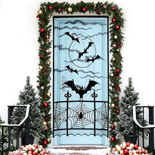 Large Halloween Door Curtain for Doors Windows Walls Bat Spider Web Door Cover for Holiday Party Decoration