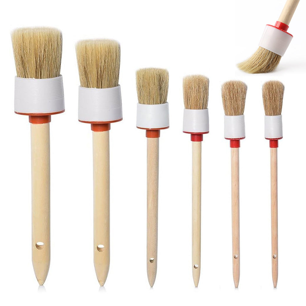 Car Detailing Brush Set 6Pcs Boar Hair Brush Kit Wood Handle Wheels Leather Air Vents
