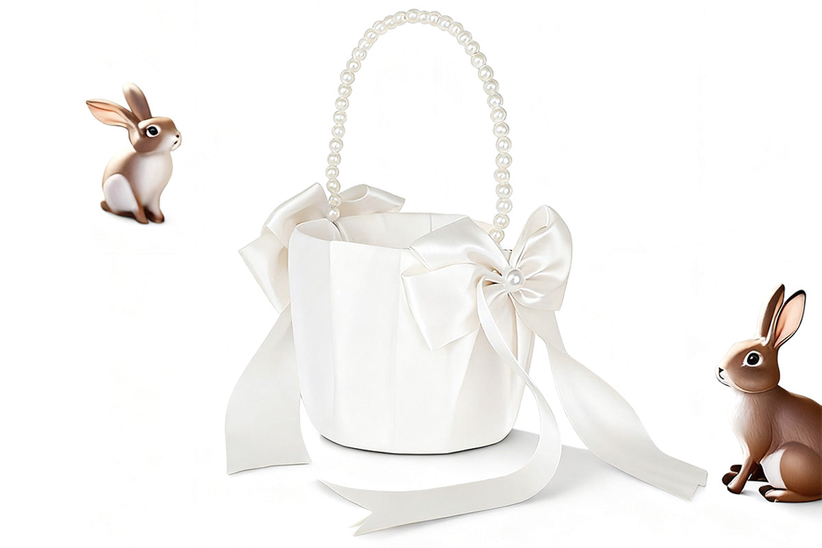 Wedding Flower Girl Basket with Pearl Handle Bowknot Satin Ribbon