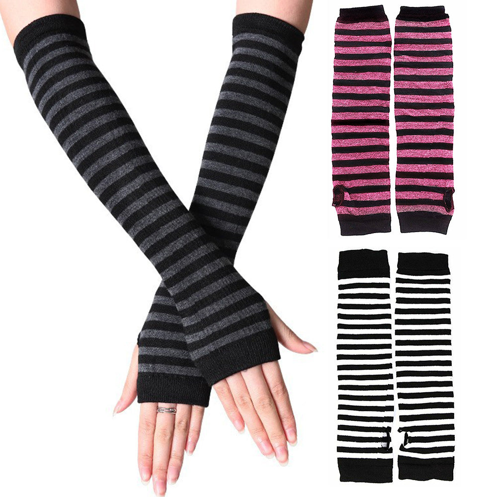 3 Pairs Women Fingerless Arm Warmers Striped Knit Winter Gloves