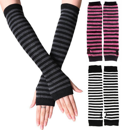 3 Pairs Women Fingerless Arm Warmers Striped Knit Winter Gloves