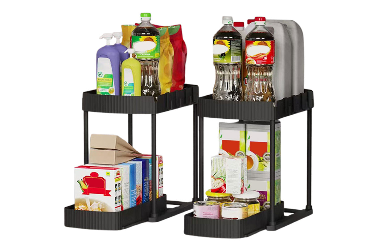2Pcs Pull Out Storage Organizer Under Sink Shelf with 8 Hooks for Home Use