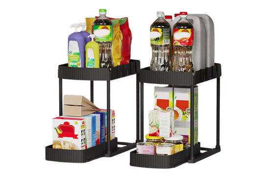 2Pcs Pull Out Storage Organizer Under Sink Shelf with 8 Hooks for Home Use