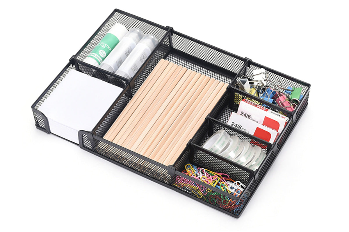 Desk Drawer Organizer Mesh Drawer Organizer Tray with 6 Adjustable Compartments