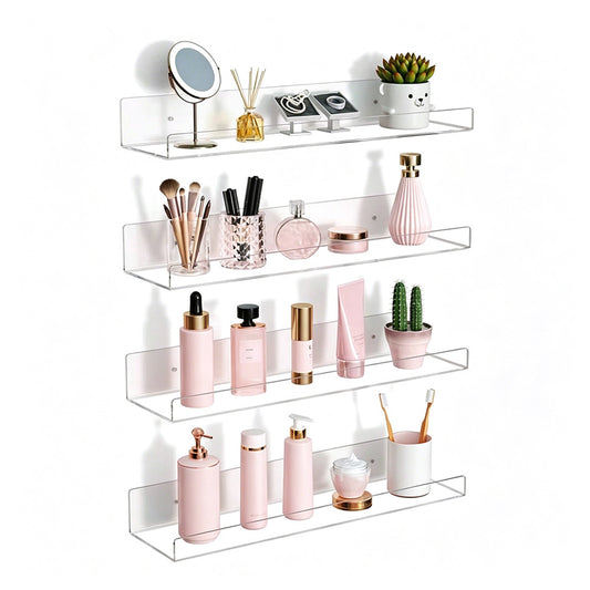 4 Pack Acrylic Wall Shelves Clear No Drill Storage Rack for Bedroom Living Room Bathroom