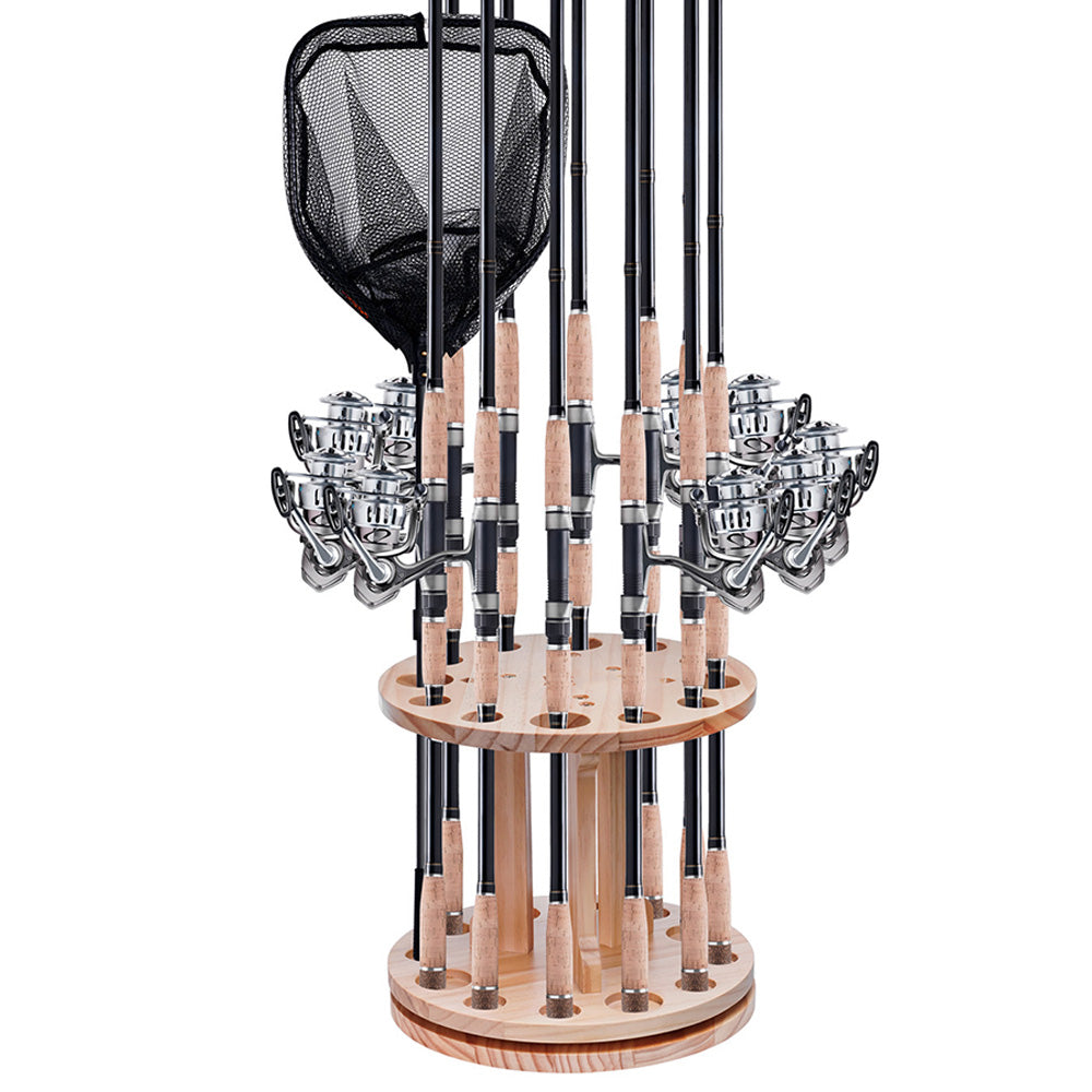 360 Degree Rotating Engineered Wood Floor Fishing Rod Rack Holds 12 Rods