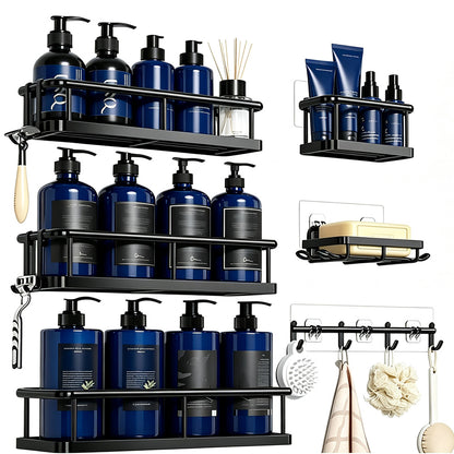 6 Pack Wall Mounted Shower Caddy Set No Drill Bathroom Organizer