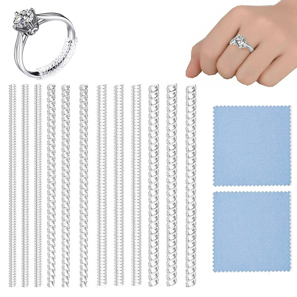 12 Pack Clear Ring Size Adjusters for Loose Rings with 2 Cleaning Cloths for Men Women