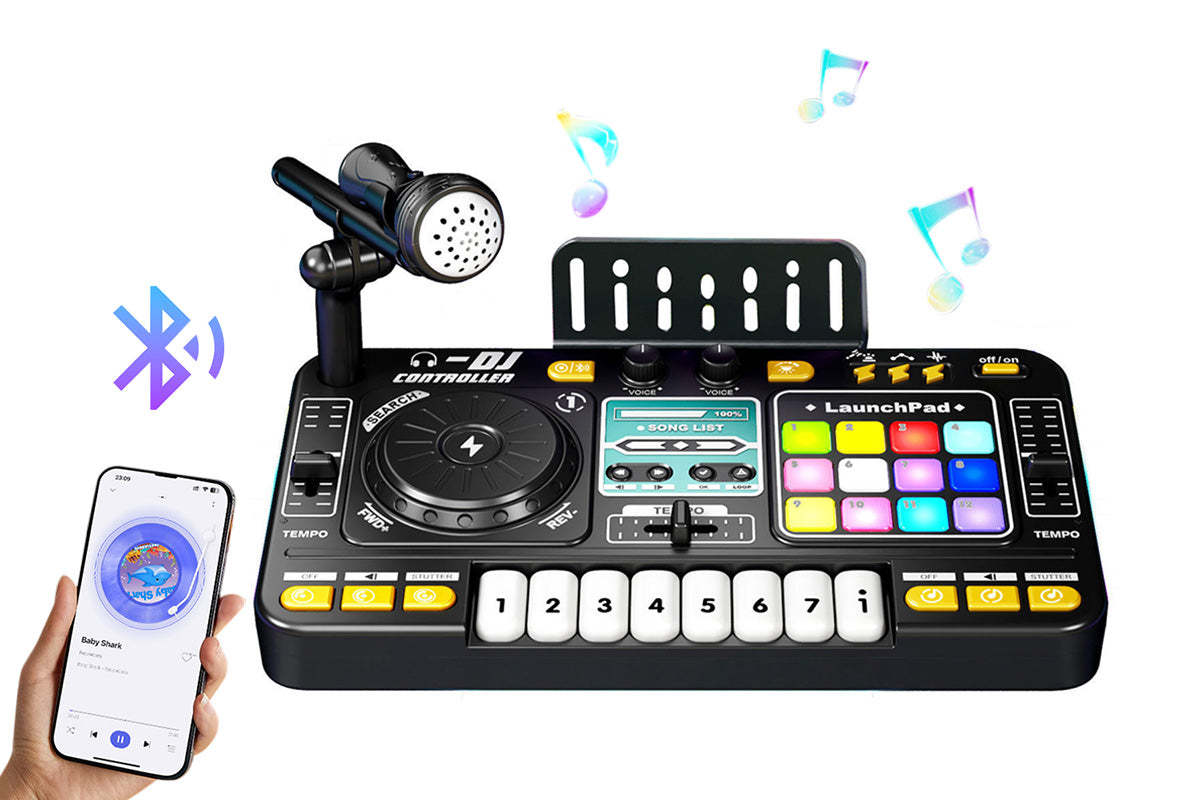 DJ Mixer Controller Musical Toy with Mic and LED Lights Piano Keys