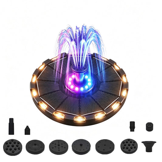 Solar Fountain with 8 Nozzles RGB LED Lights for Bird Bath Garden Pool