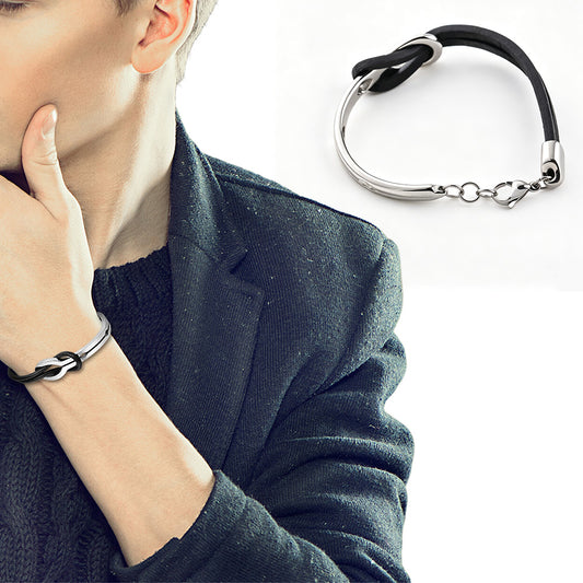 PU Leather Bracelet Infinite Knot Geometric Stainless Steel Mens Bracelet