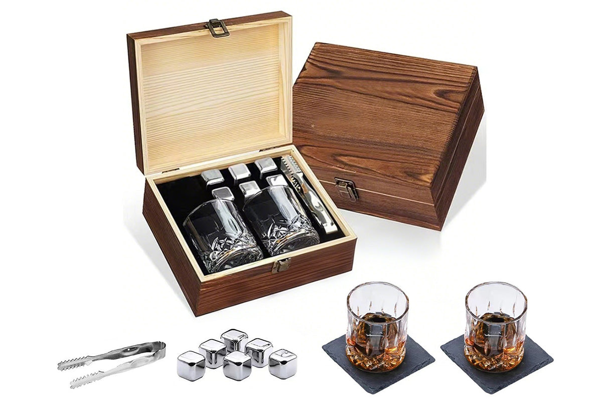 Whiskey Glass Set for Men Stainless Steel Tumblers with Whiskey Stones and Wooden Box