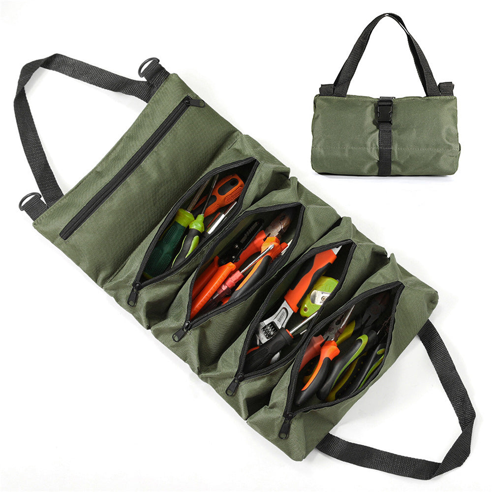 Roll Up Tool Bag Wrench Pouch Oxford Canvas Tool Organizer with 5 Zippered Pockets