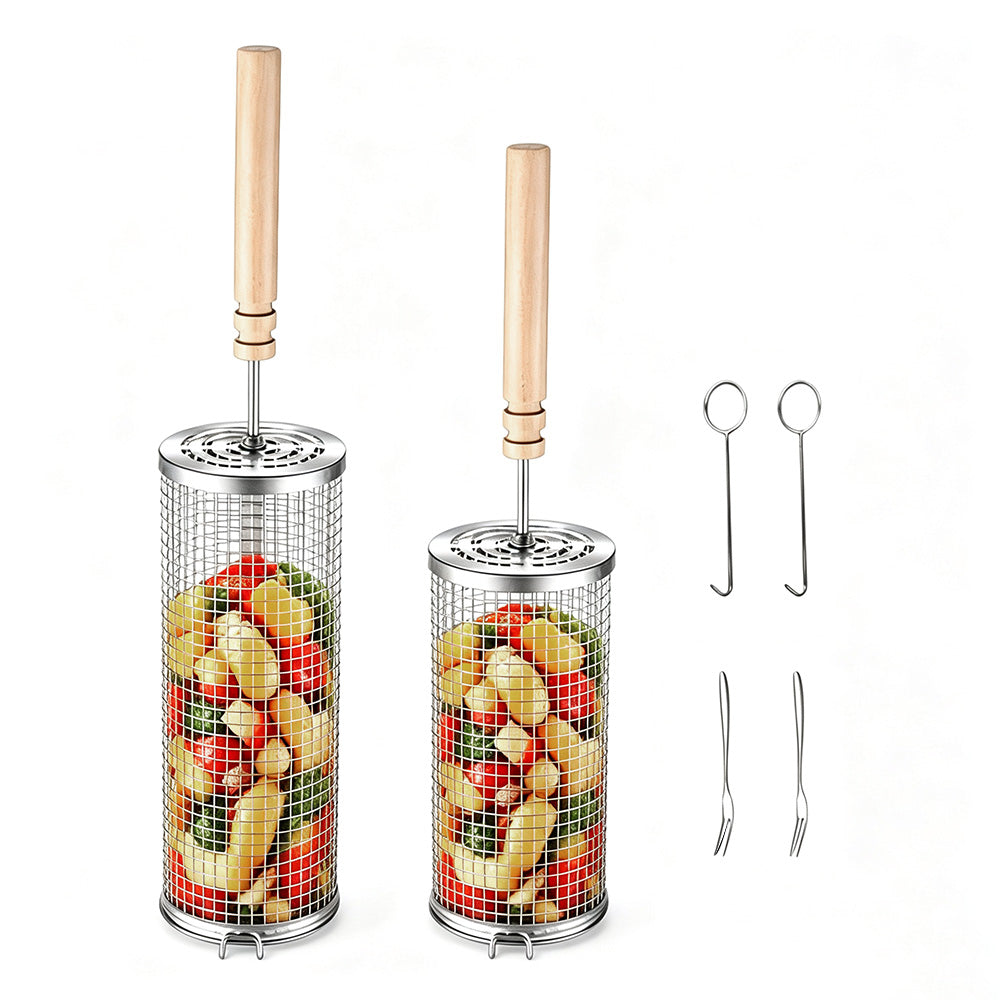 2 Pack Stainless Steel Rolling Grill Baskets with Engineered Wood Handles