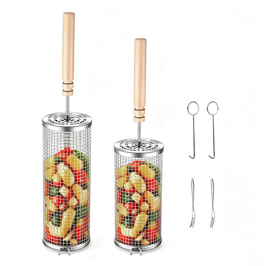 2 Pack Stainless Steel Rolling Grill Baskets with Engineered Wood Handles