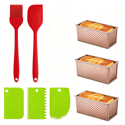 3Pcs Carbon Steel Loaf Pan Set 1kg 0.45kg 0.36kg Dough Capacity with Brush and Scraper